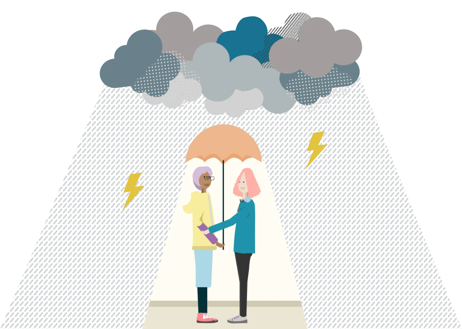 Characters under umbrella