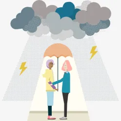 Characters under umbrella